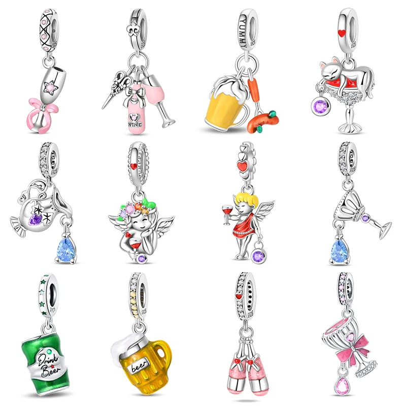 Hot Sales 925 Sterling Silver Party Dangle Beads CZ Zircon Wine Beer Cocktail Charms Ladies DIY Bracelet Holiday Jewelry Gift
