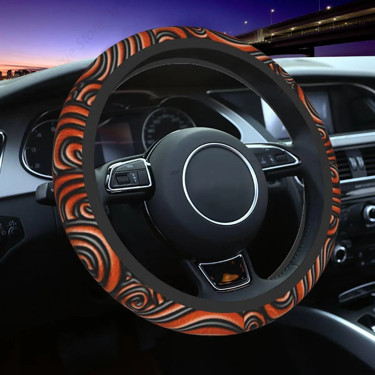 Embossed Doodle Swirl On Orange Leather Steering Wheel Cover Fit for SUV Floral Car Steering Wheel Protector Auto Accessories