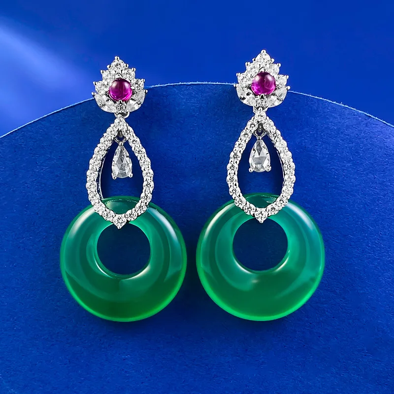 

S925 silver earrings inlaid with 20mm green chalcedony classic fashion versatile earrings boutique jewelry for women