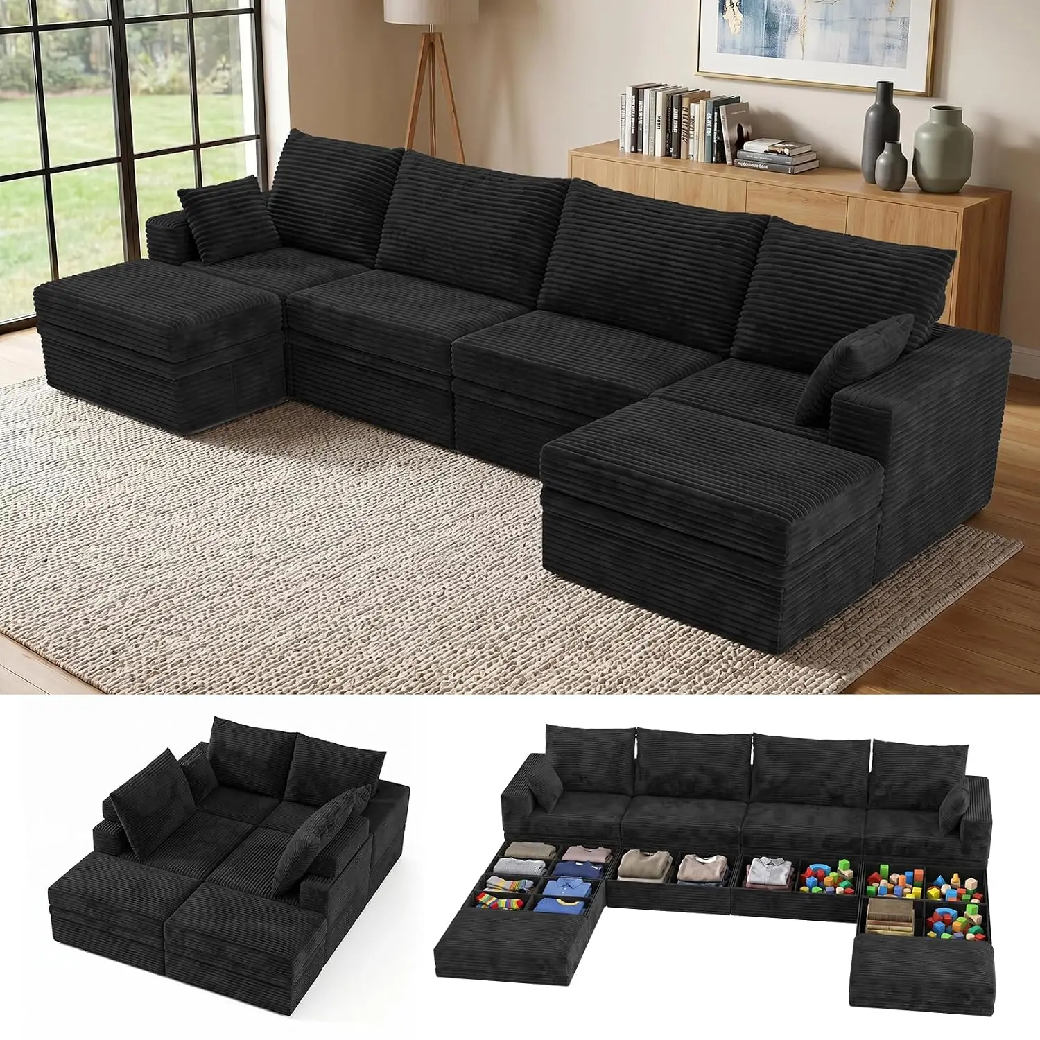 142'' Modular Sectional Sofa Deep Seat Corduroy Couch Storage Ottoman 27