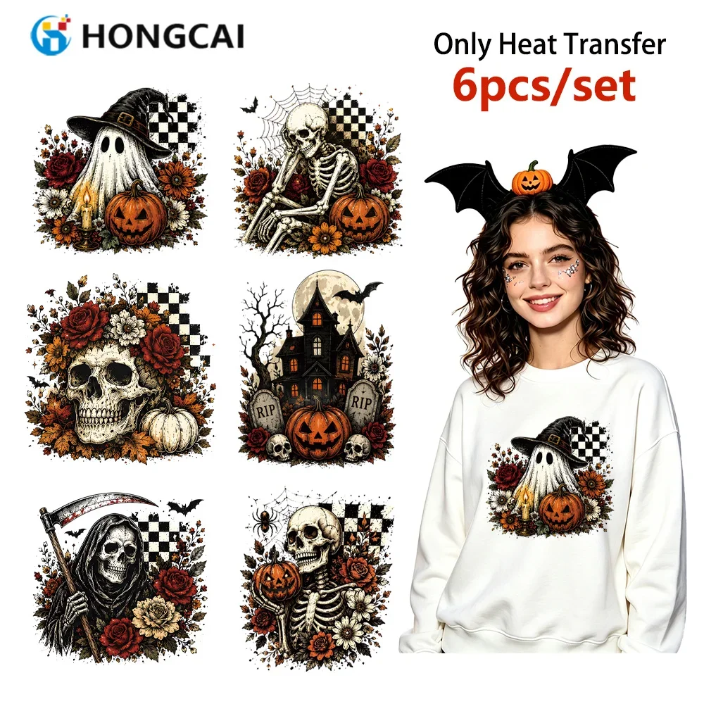 6Pcs Vintage Halloween Skeleton Heat Transfer Vinyl Iron On Stickers, Washable No Peeling DIY Patches for Clothing, Hoodies