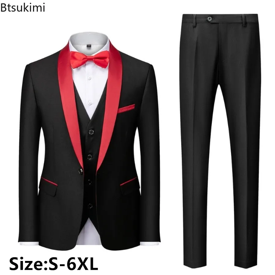 

2025 New Men's Mariage Colorblock Collar Suits Fashion Slim Blazer Vest Trousers 3 Pieces Sets Man Business Casual Wedding Dress