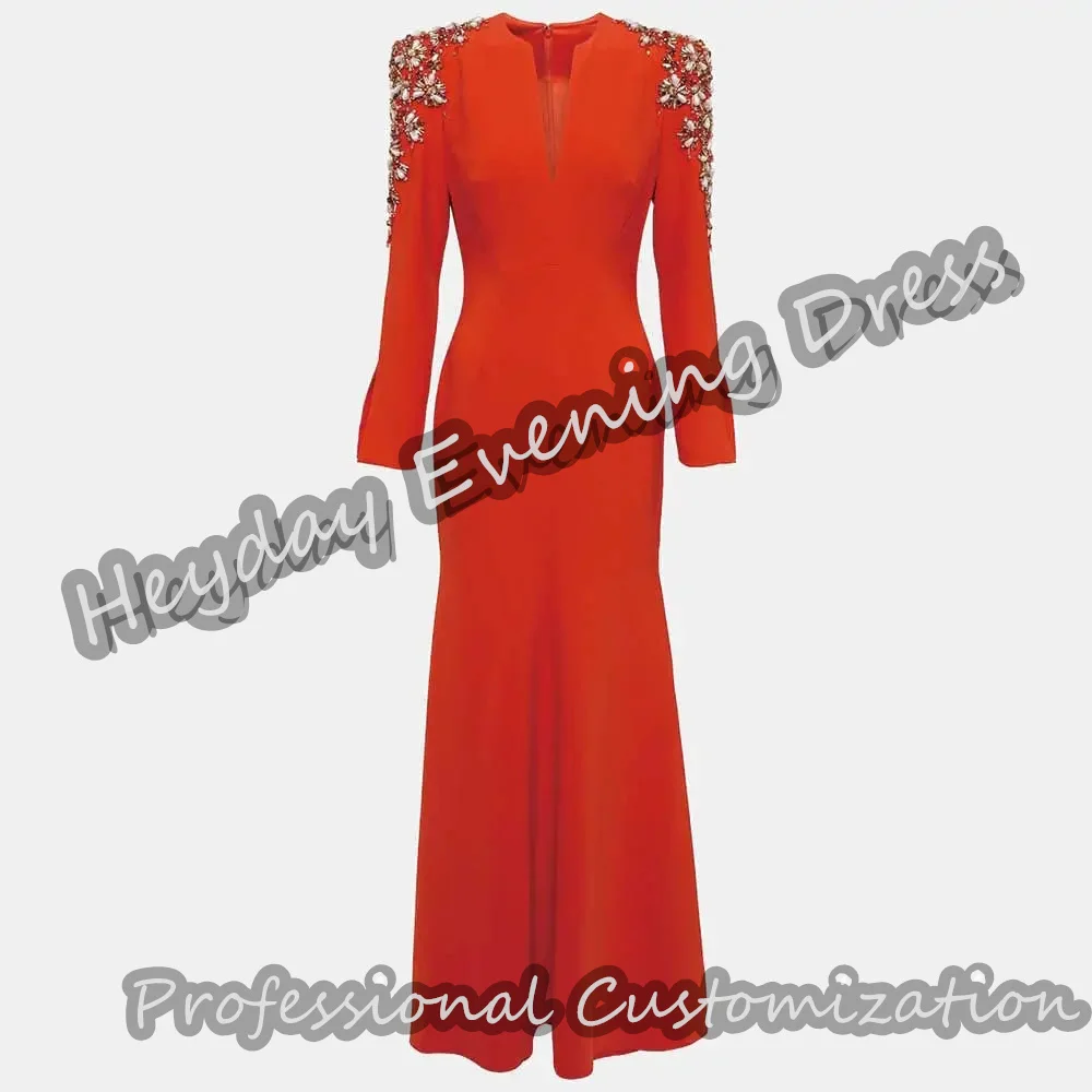 Heyday V-Neck Saudi Arabia Long Sleeves Beaded Mermaid Prom Gown Crepe Floor Length Elegant Evening Party Dress For Women 2024