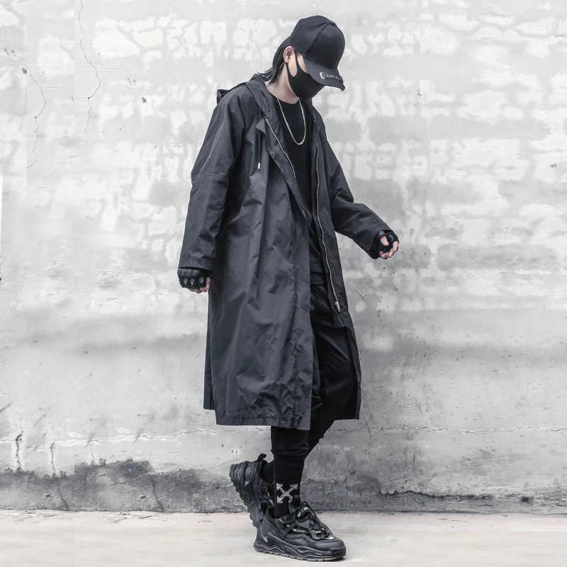 Autumn Fashion Thin Cape Men's Dark Black Personalized Fashion Brand Long Hooded Loose Waterproof Over Knee Trench Coat