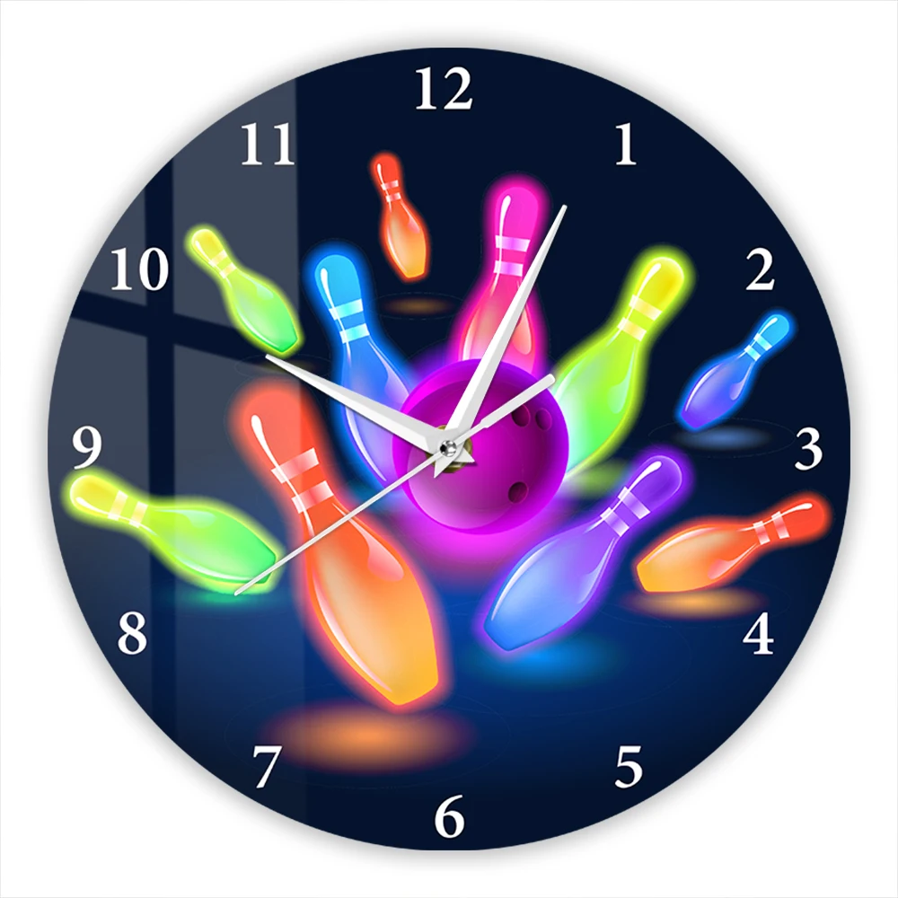Colorful Bowling Pins Ball Design Silent Non-Ticking Wall Clock Glowing Style Sport Decorative Clock for Game Room Bowling Alley