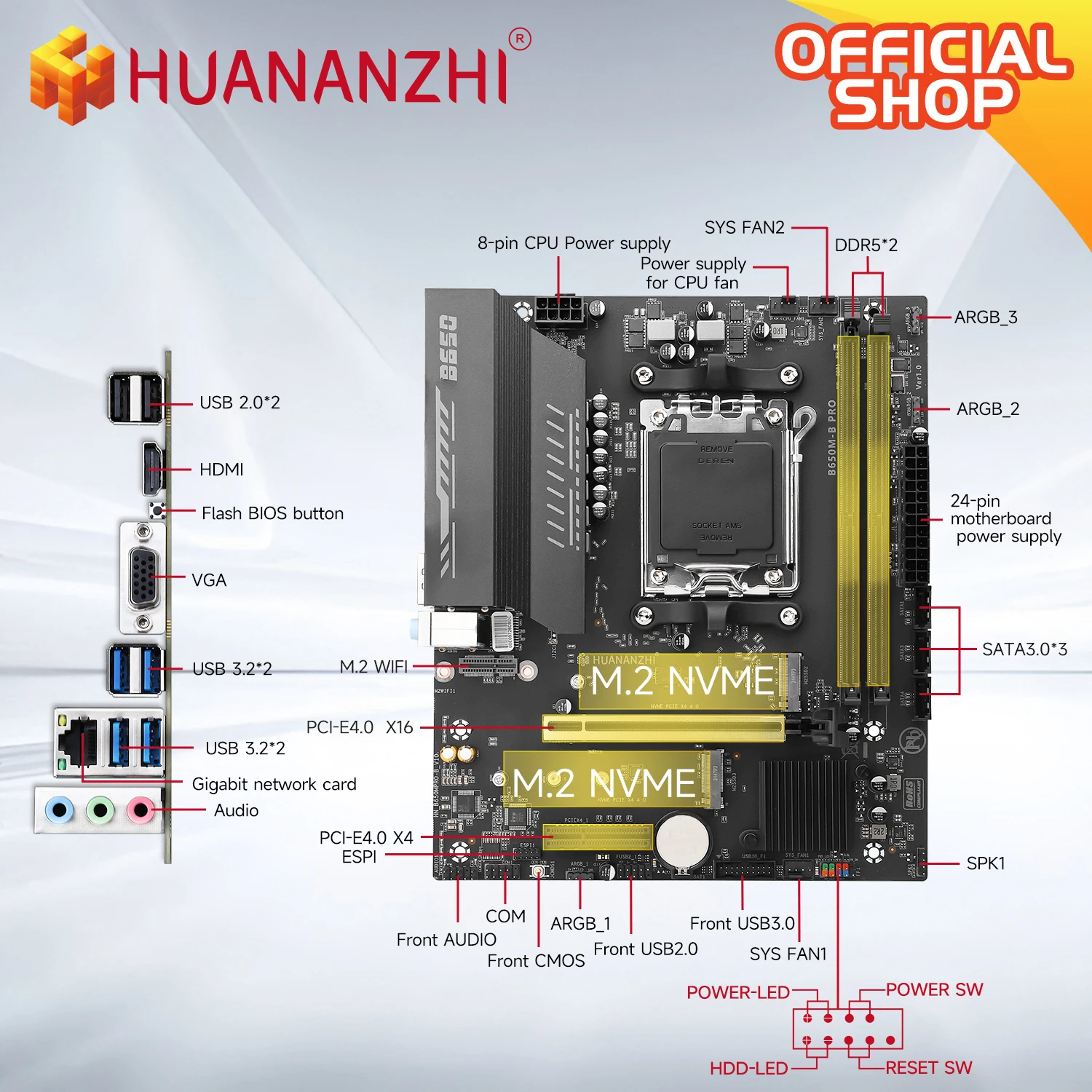 HUANANZHI B650M B PRO AMD AM5 Motherboard Mendukung Ryzen R5 R7 7000 8000 9000 Seri M.2 NVME WIFI Dual Channel DDR5 EXPO RAM