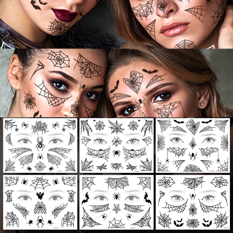 Day of the Dead Halloween Spider Web Tattoo Face Makeup False Temporary Waterproof Sticker Art Tattoos for Women Party Decals