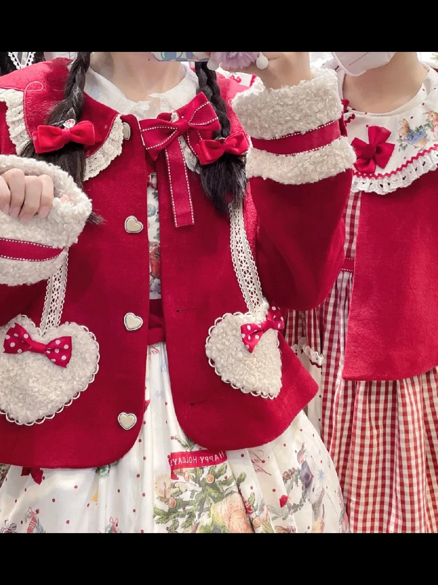 일본 오리지널 레트로 가을 겨울 짧은 모직 코트 크리스마스 새해 레드 달콤한 귀여운 소녀 로리타 두꺼운 오버코트