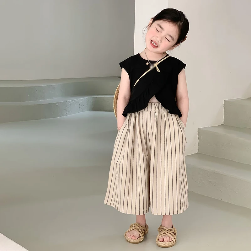 Summer Children Girls Set Casual Sleeveless Top Pants Suit Round Collar Sleeveless Top Resort Style Beach Suits Kid 2 PCS Outfit