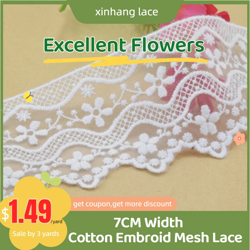 

3yard 7cm wide Cotton embroidery lace sewing ribbon guipure lace african lace fabric trim knitting DIY Garment Accessories#3085