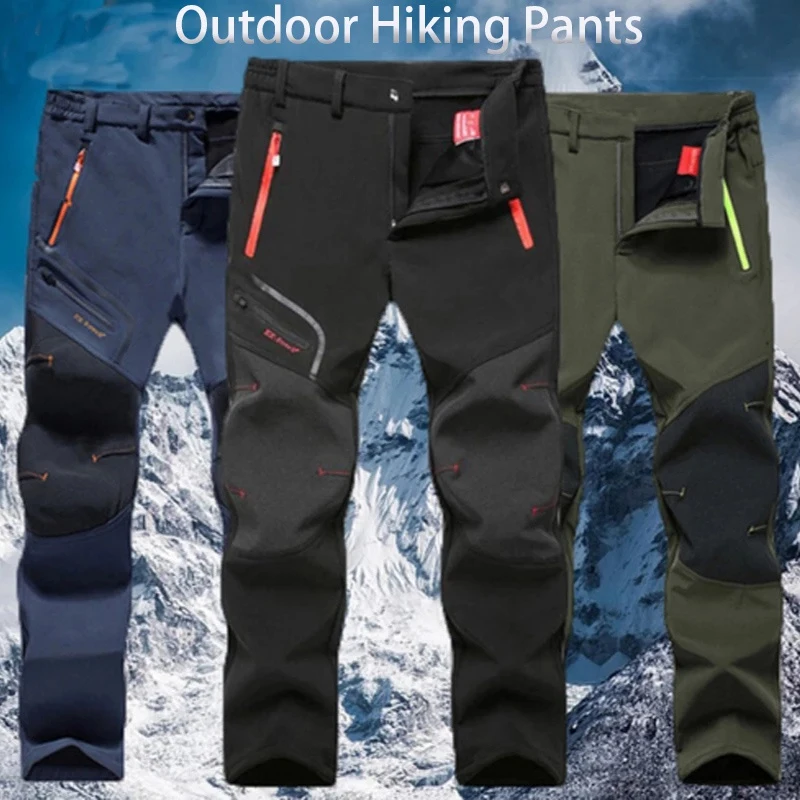 Plush New Men's Outdoor Fashion Windproof Breathable Hiking Pants Camping Mountaineering Skiing Soft Shell Warm Pants