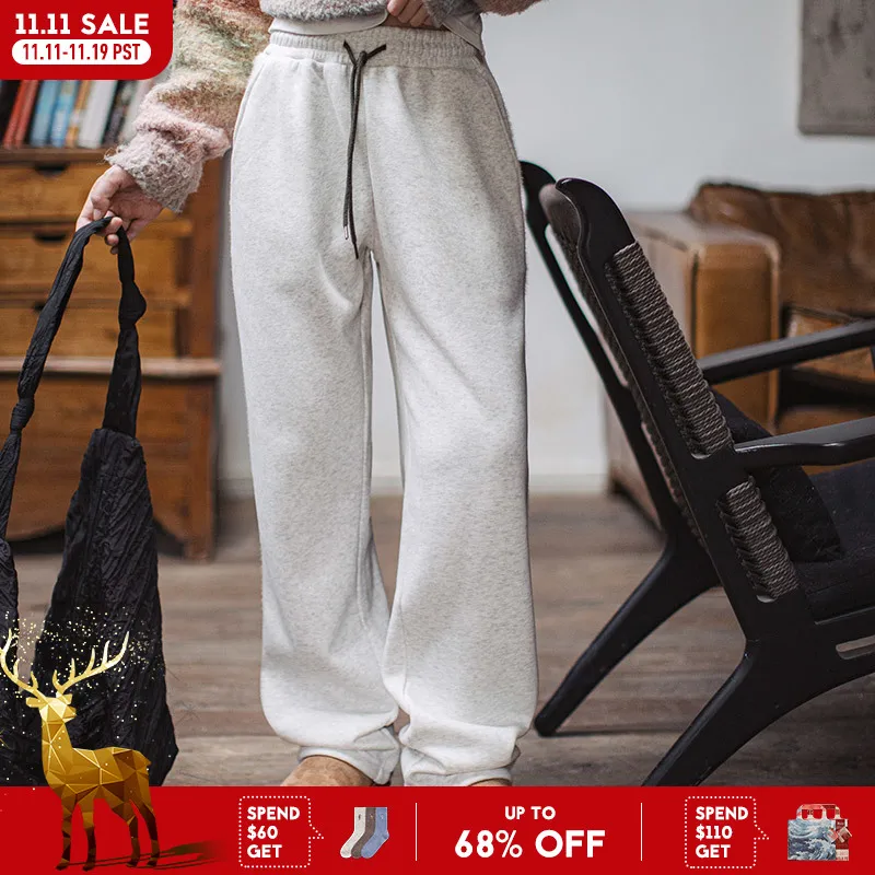 Maden المرأة مبطنة بالصوف Sweatpants فضفاضة تناسب سراويل تقليدية شريط مزدوج مخطط تصميم بنطلون للرياضة لخريف وشتاء