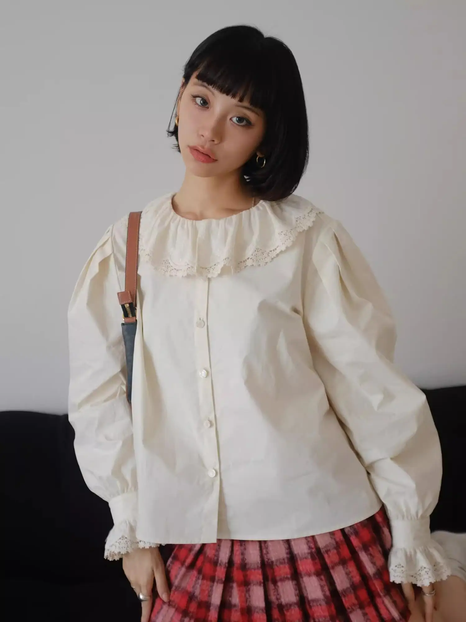 

Deertrip Vintage Ruffle Collar Long Sve irt Girls Poet Sle Inner And Outer Wear Casual Loose Fit Cotton Blend irt