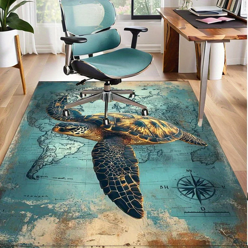 Vintage Turtle MapRug forNauticalThemed RoomsStylish Ocean Life Decor with Compass Detail Anti slip carpet can be machine washed