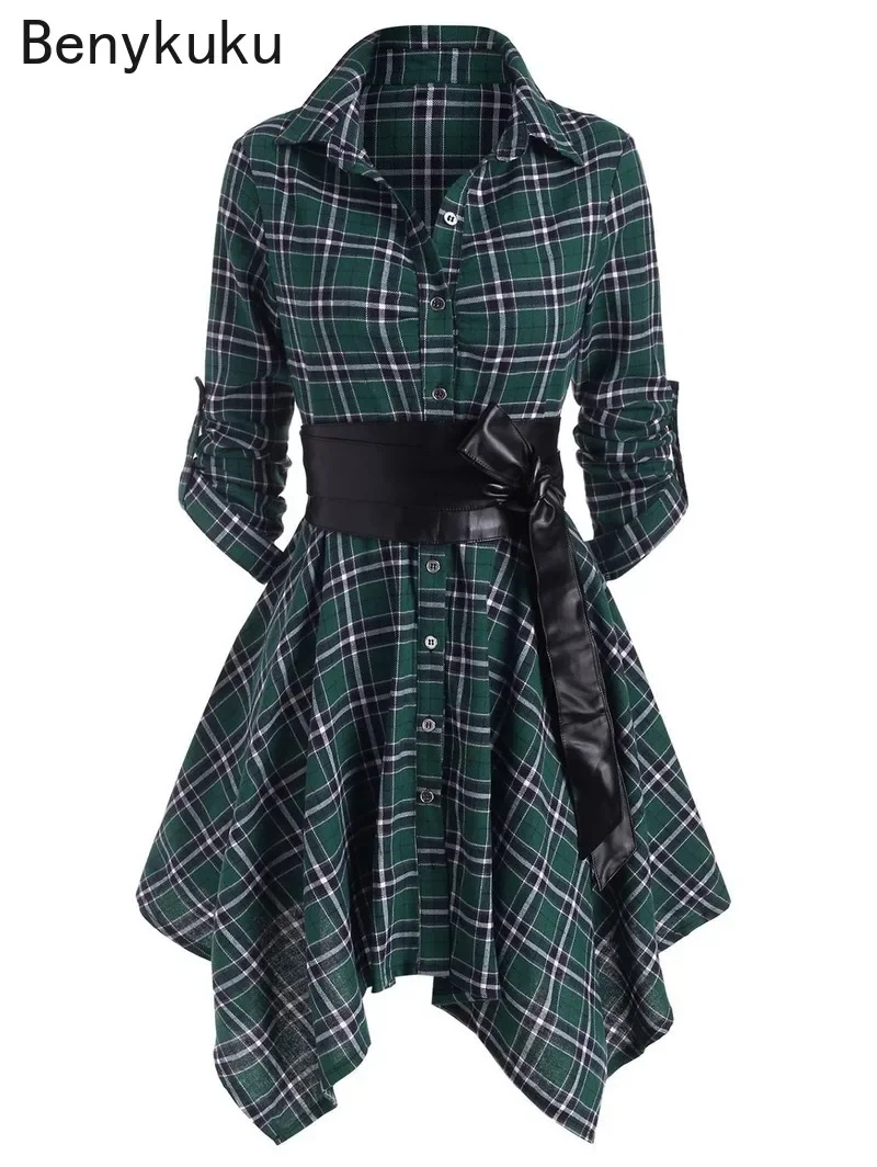 Gothic Casual Dress Women Red Plaid Belted Roll Tab Sleeve Handkerchief Dress Vestidos Autumn Long Sleeve A-Line Party Dress