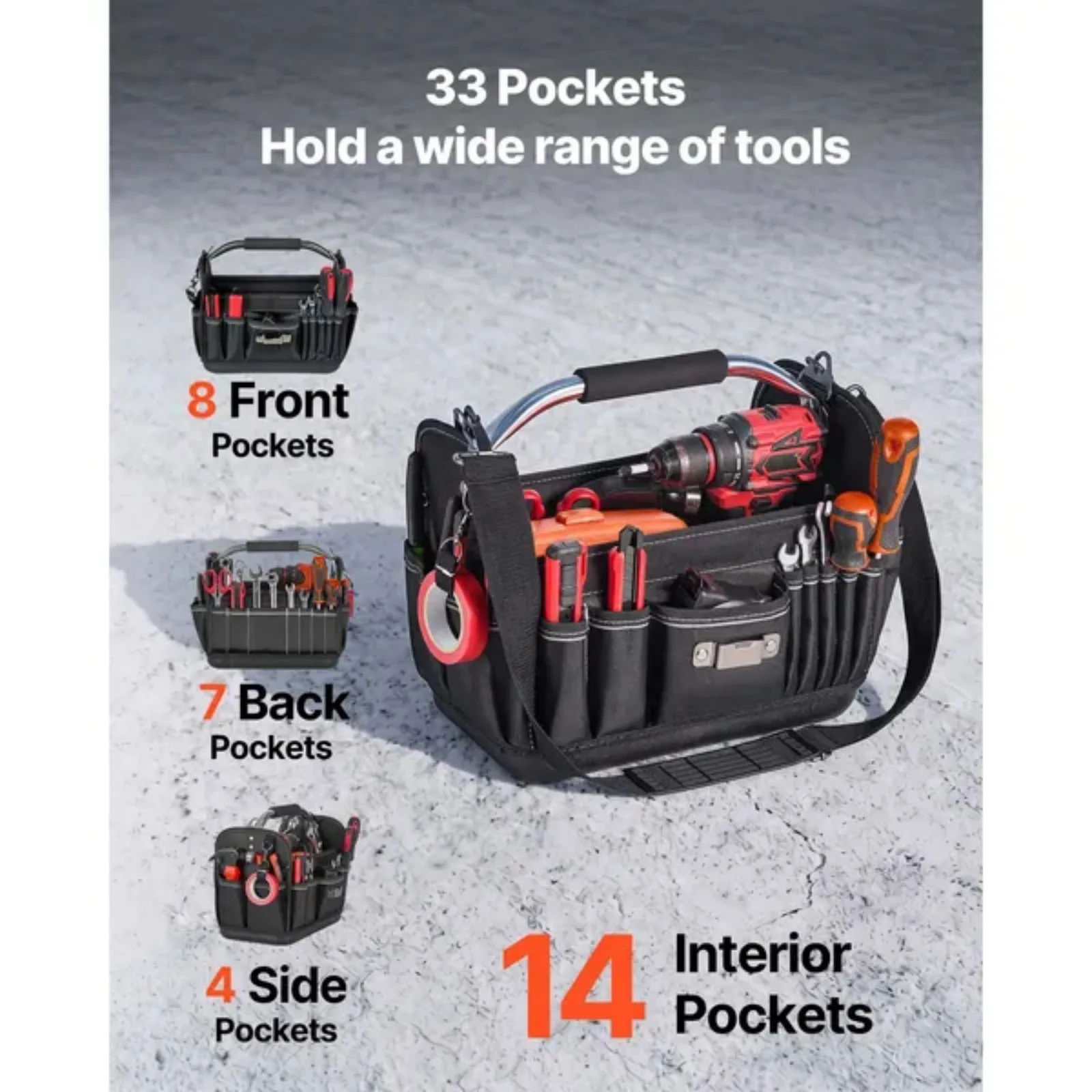 Tool Bag, 13 Inch, 33-Pocket Open Top Tool Tote, Portable Electrical Maintenance Toolbox Organizer Storage with Hard Plastic Base, Adjustable Shoulder Strap, for Professionals DIY & Jobsite Use