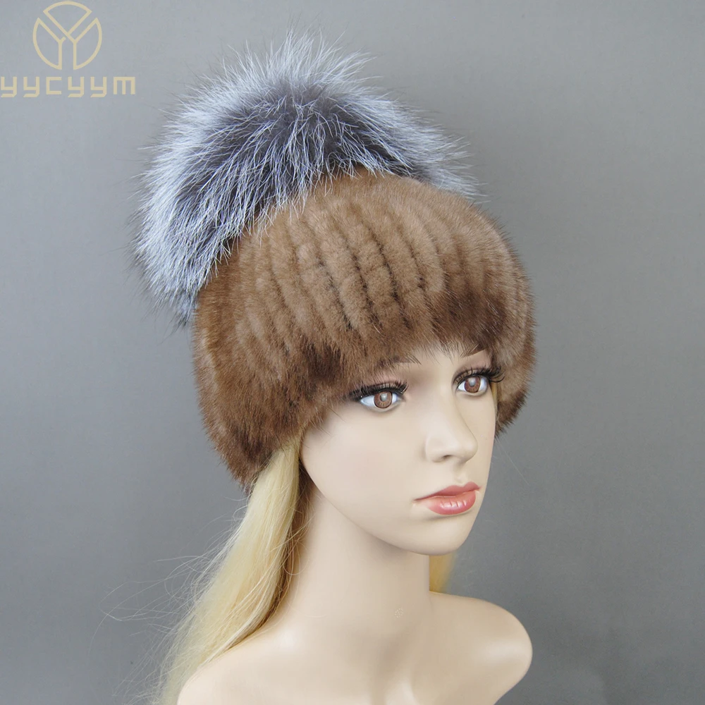 

2024 New Luxury Women Winter Mink Fur Hats Knitted Real Mink Silver Fox Fur Caps Female Russian Winter Warm Real Fur Beanies Hat