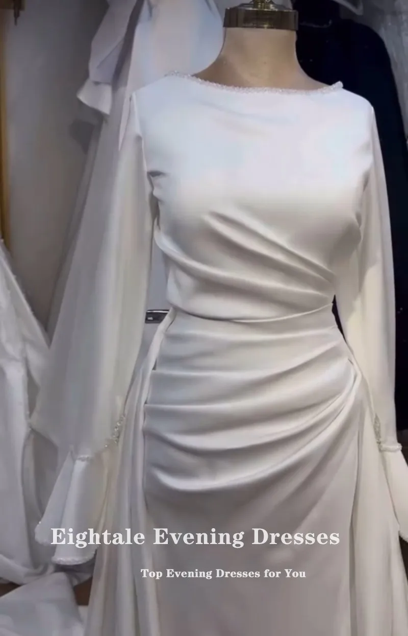 Abito da sposa arabo Eightale Abito da sposa personalizzato con o-collo avorio maniche lunghe con perline Abito da sposa con sirena musulmana