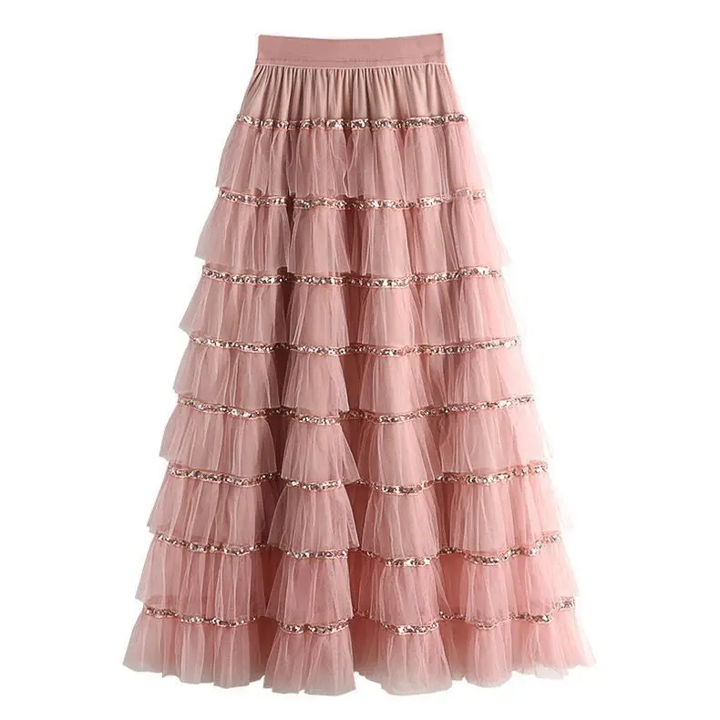 

Heavy Embellied Me Cake Skirt Mid-Length High Waist Women's Spring Summer New Sweet Sle Polyester Fiber Gathered Skirt