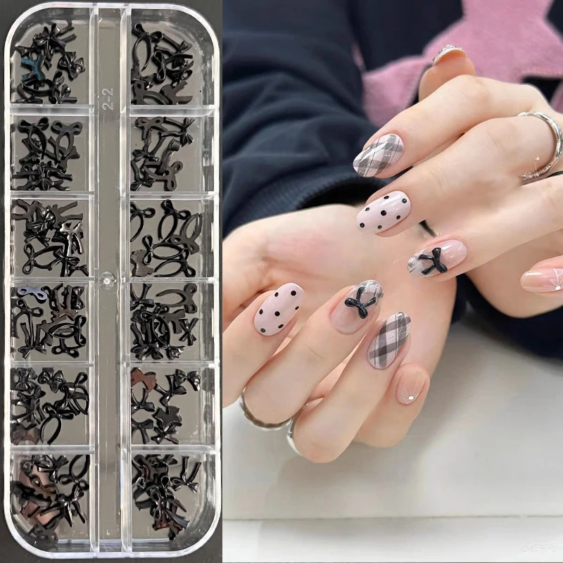 12 grille/boîte doux mignon nœud papillon noir nœud papillon ruban breloques Nail Art accessoires beaux ongles breloques bricolage décorations outil de manucure