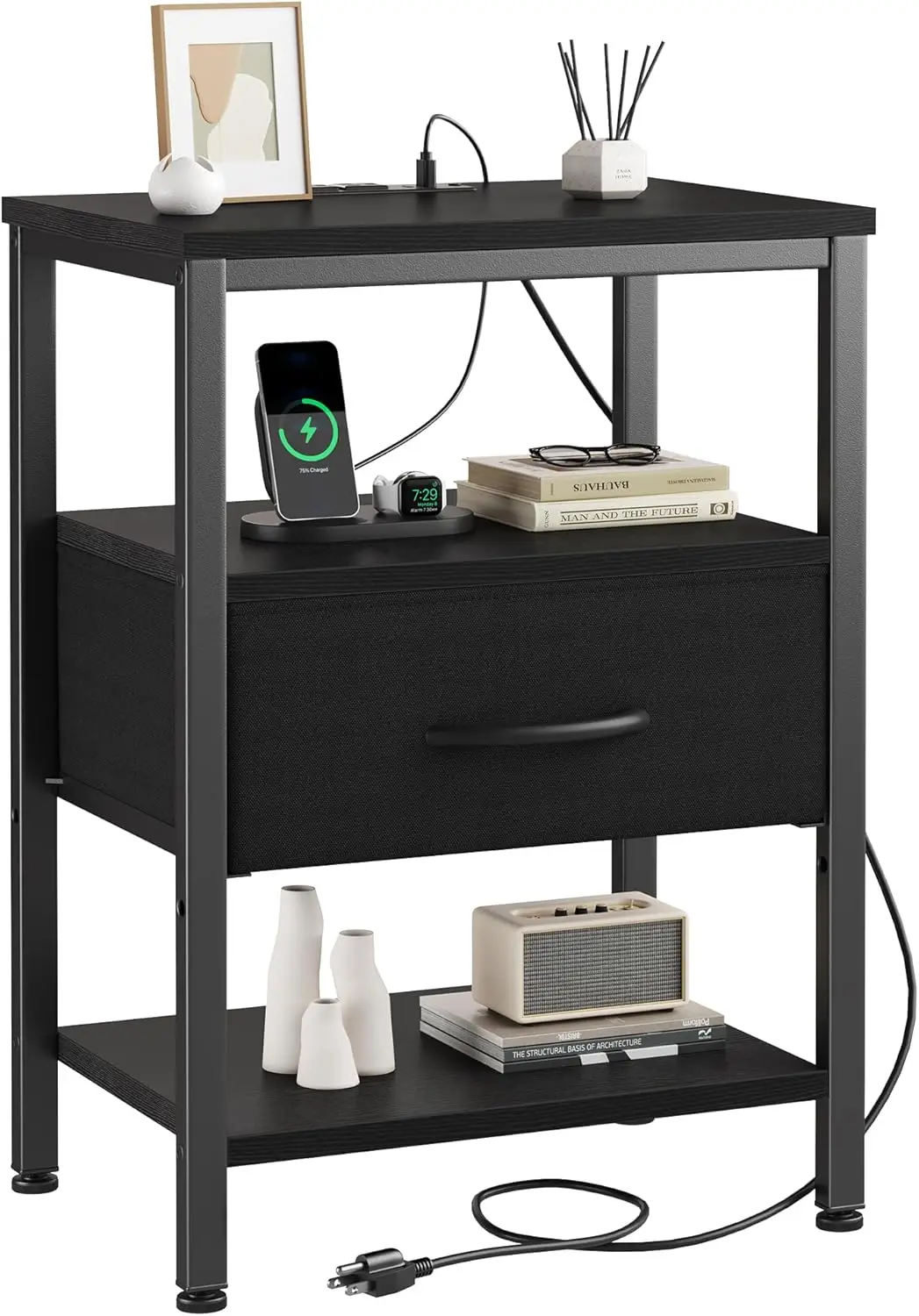 

Bedside Table with Charging Station and Adjustable Fabric Drawer Compact Nightstand 3-Tier Storage Organizer End Table for Be