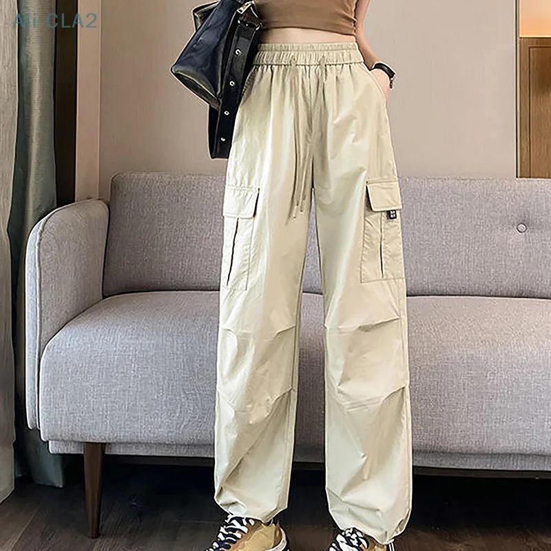 

Stretch High Waisted Large Pockets Loose Legged Casual Cargo Pants For Women