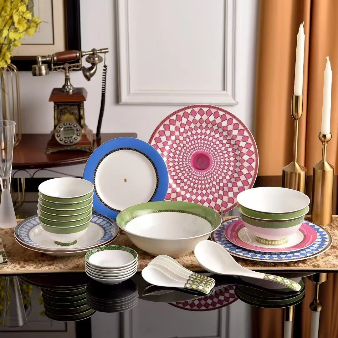 Porcelain glaze medium color bowls, plates, spoons, 28-head tableware set