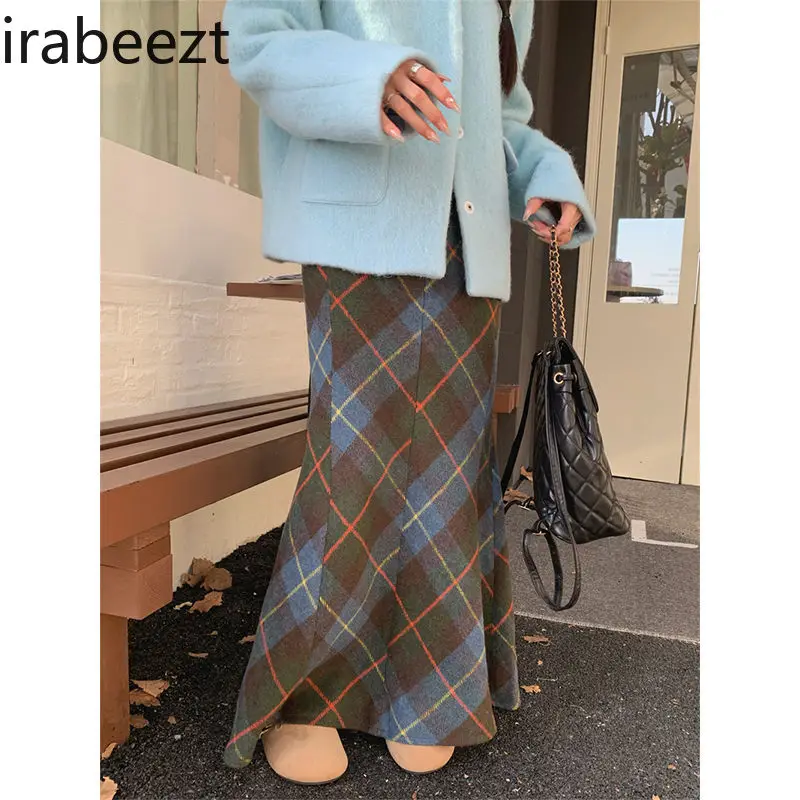 Fashion Plaid Skirt Female Autumn and Winter New Fishtail Shaped High Waist Woolen Female Winter Long Skirts for Women