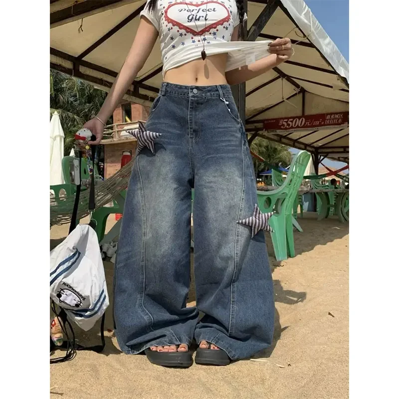 

Синие готические мешковатые джинсы со звездами Y2k, женские винтажные джинсы в стиле Харадзюку в стиле гранж, джинсовые брюки большого размера в японском стиле 2000-х годов, одежда