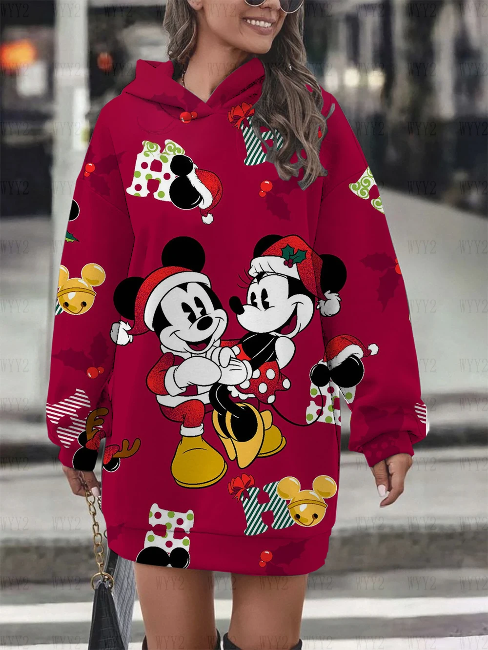 Women\'s Hoodies Dress Loose Long Sleeves Fashion Autumn and Winter Long Sleeve Hoodies Disney Christmas Mickey Minnie Printed