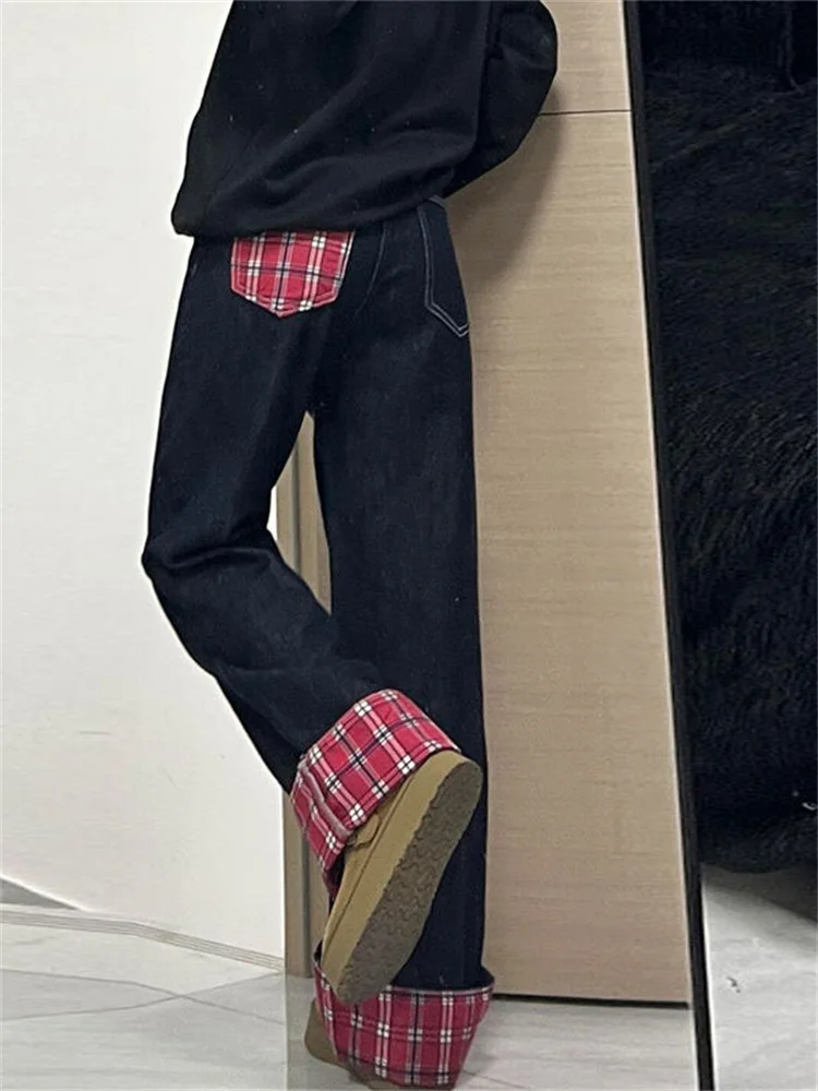 Botvotee Retro Streetwear Y2k Plaid Patchwork Jeans für Frauen Breite Bein Baggy Gerade Hohe Taille Dunkelblau Denim Jeans Weibliche