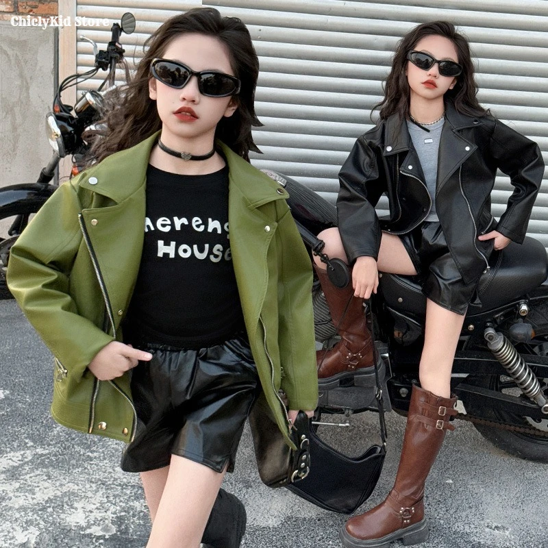 Girls Autumn Spring Pu Leather Motorcycle Jacket Large Lapel ‌Biker Coat Children Zippers Outerwear Toddler Kids Fashion Clothes