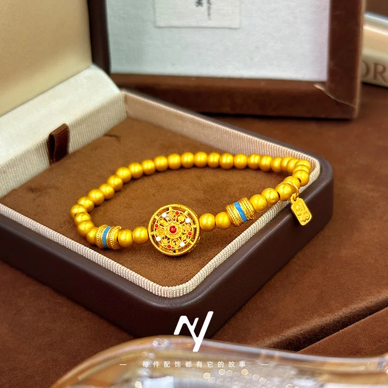 24k 9999Gold Rotatable Auspicious Eight Treasures Compass Gold Bead Bracelet Red Agate Fortune Bead Bracelet Jewelry