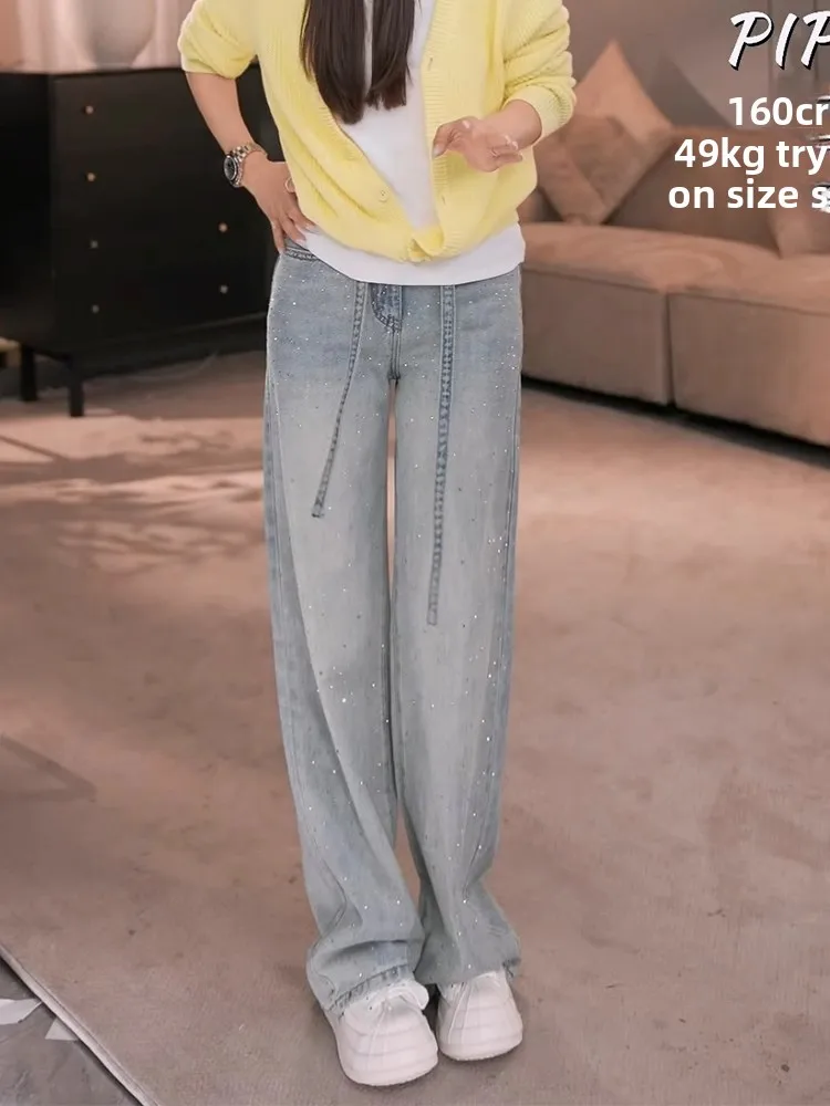 

Faionable Heavy Du Rhinestone Belted Straight Leg Jeans Women's High Waist Slimming Versatile Long Rhinestone Jeans