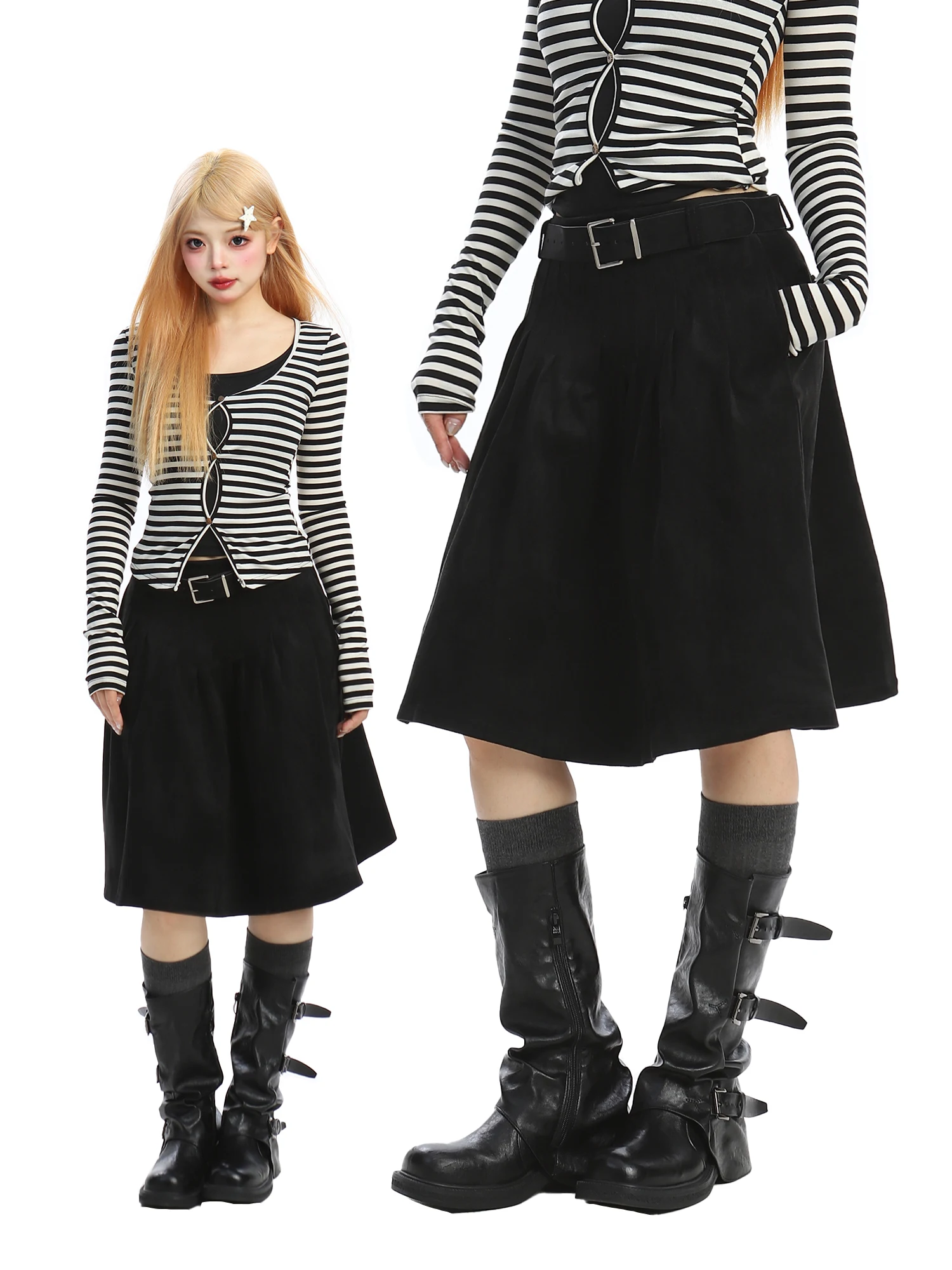 

BearGirl Retro Suede A-Line Skirt Women's Beautiful High Waist Slimming Mid-Length Versatile ort Skirt for Ladies