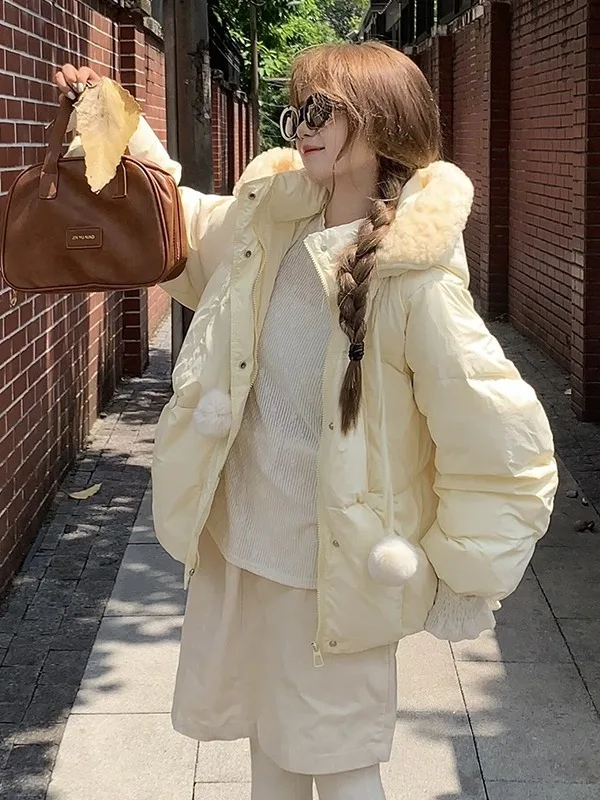 

Women's ort Thiened Cotton Jaet Lamb Fur Splicing Warm Outerwear Fufu eepskin Winter Coat Korean Sle Faionable