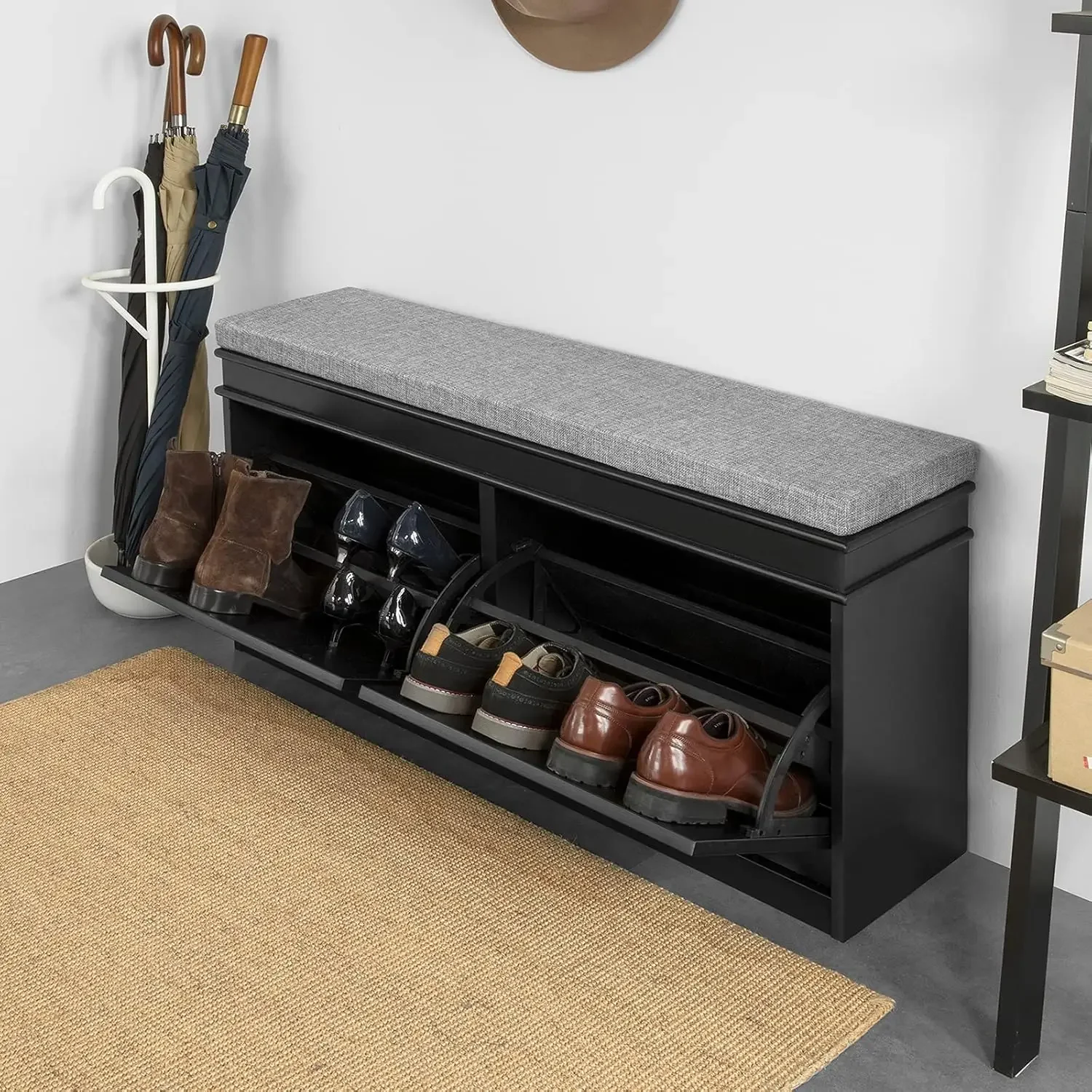 Black Storage Shoe Bench with 2 Flip Drawers, Hidden  Bench, Free Standing Rack, Cabinet, Hallway Storage Be