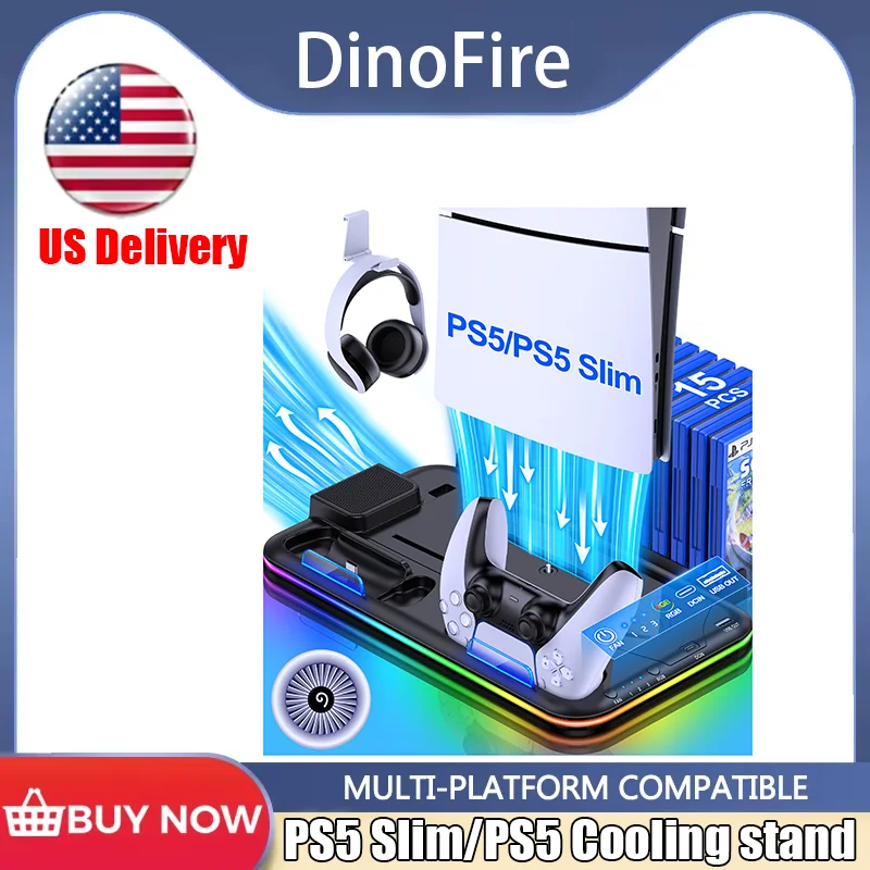 

Dinofire Gaming Accessories For PS5 Slim Stand PS5 RGB Cooling Station with Cooling Fan Dual Controller Charger For Playstation5