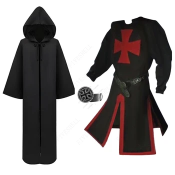 S-4XL Heren Middeleeuwse Crusader Tempeliers Tuniek Cosplay Kostuums Renaissance Halloween Wapenrok Warrior Zwarte Pest Mantel Top