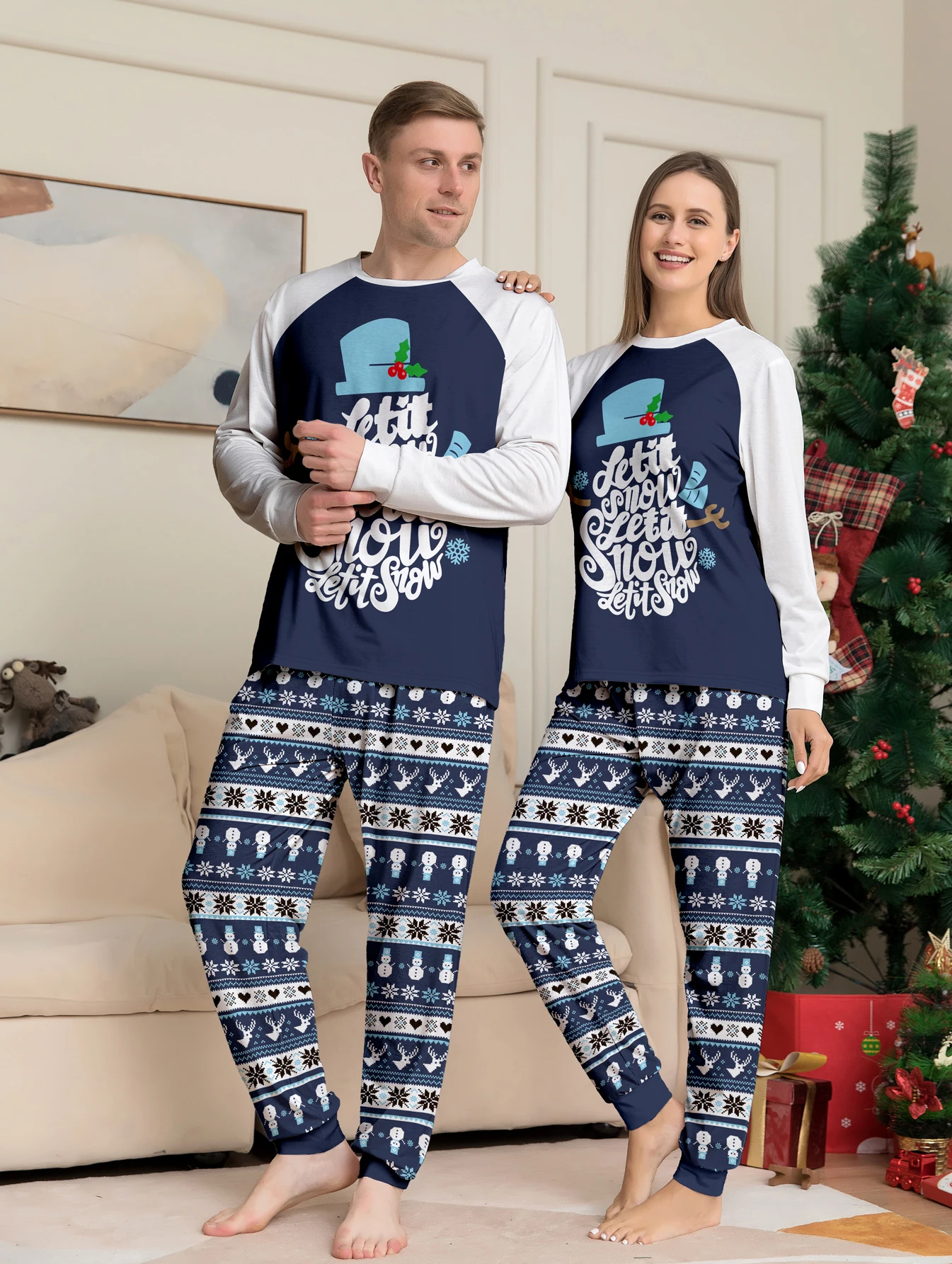 

Christmas Couple Pajamas Set - Raglan Sleeve Navy & White "Let It Snow" Print & Festive Pattern Pants Sleepwear