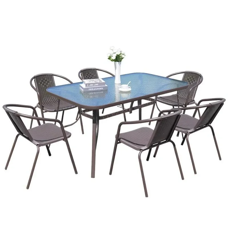 3 Piece Outdoor Rattan Patio Set Metal Frame Waterproof Sunproof Garden Balcony Cafe Table and Chairs for Courtyard