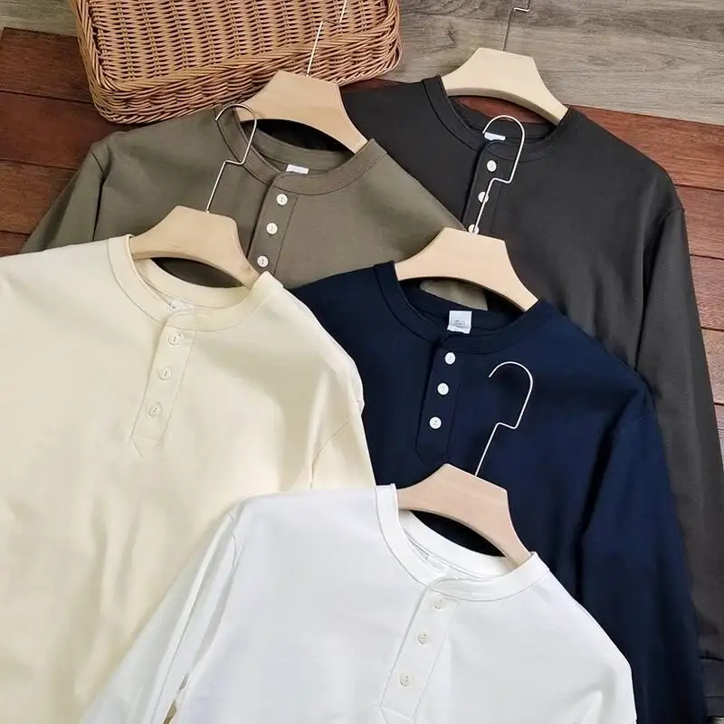 American Minimalist Tough Guy Style Men's Henry Neck Long Sleeve T-shirt 300G Washed Combed Cotton Comfortable Solid Color Tops