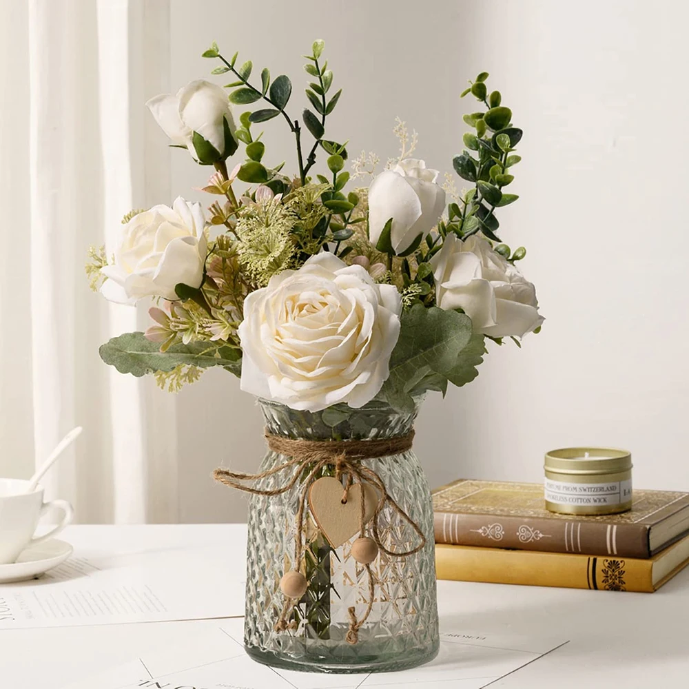 

40cm Simulation Flower Rose Bouquet Living Room Home Decoration Desktop Vase Flower Arrangement Red Pink Roses Fake Flowers