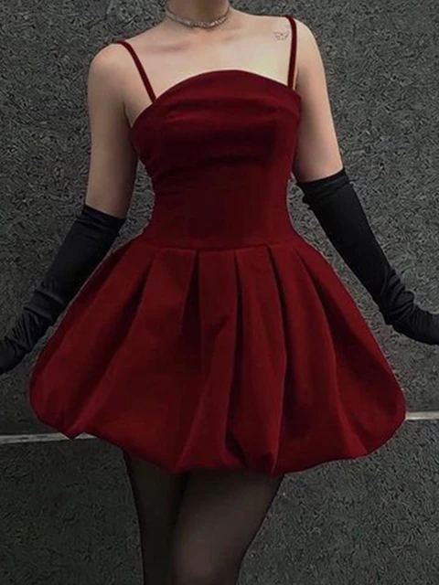 Vestido de fiesta elegante para mujer rojo Sexy sin espalda sin mangas Mini vestido hinchado Vintage estilo frances vestidos cortos de cintura alta AliExpress