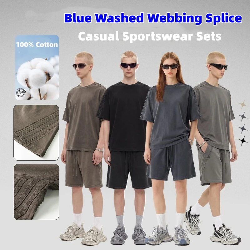 Youth T-shirts Sets Popular Shorts American Style Retro Short Sleeve Casual Unisex Sportswear Breathable Ice Cool Feel Tee Shirt