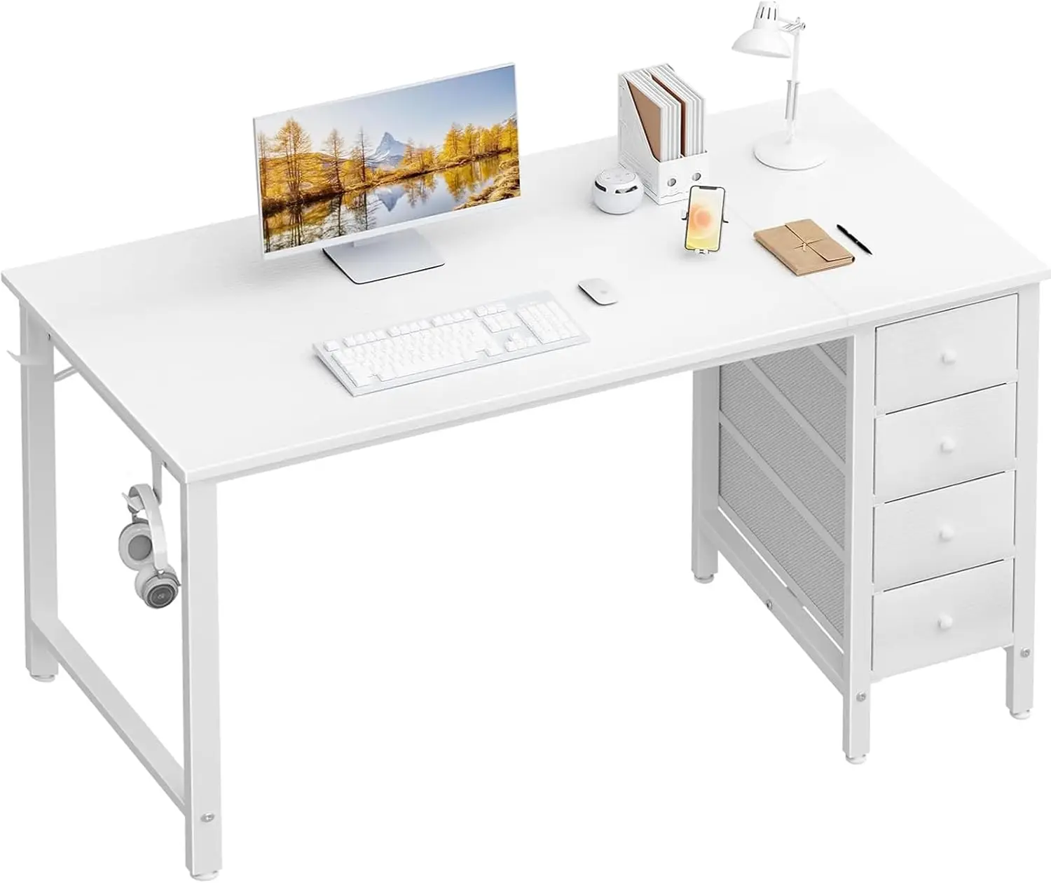 

White Computer Desk with Drawers - 55 Inch Long Study Work Writing Desk for Home Office Bedroom,Simple Modern Cute PC Desks