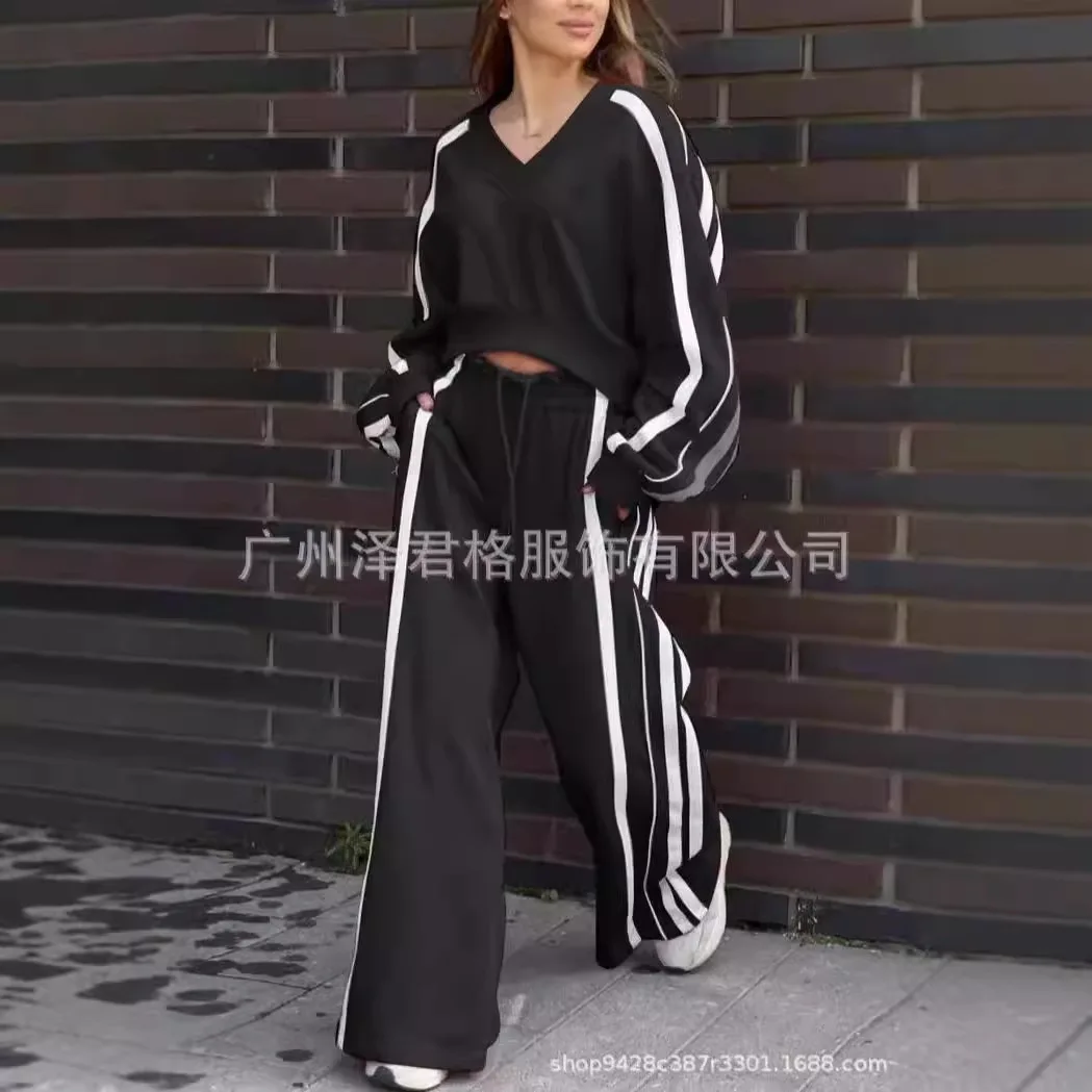 Casual Contrasting Color Suit Fashion V-neck Long Sleeved Short Style Pullover Top Elastic Waist Wide Leg Pants 2 Piece Set