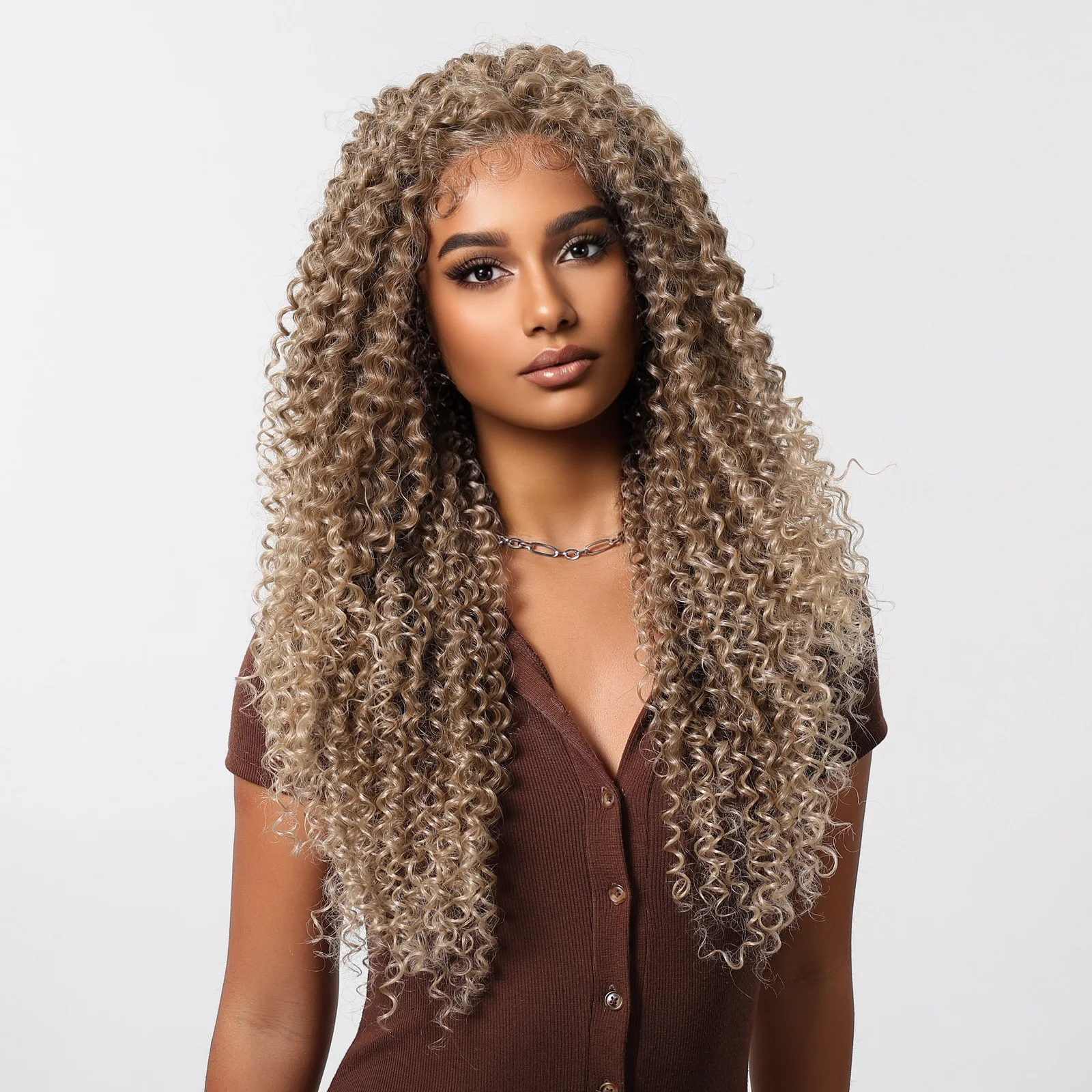 13*6 Kinky Curly Wave Lace Front Synthetic Wig for Balck Women Light Brown Golden Lace Hair Wig Heat Resistant for Daily Cosplay
