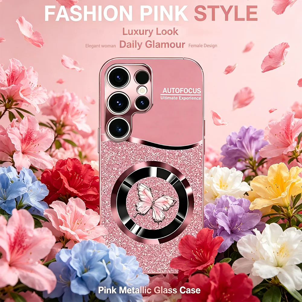 Colorful flower-petal butterfly Glass TPU Fashion phone case for Samsung Galaxy S26/S25/S24/S23/S22/S21 FE Ultra Plus Shockproof