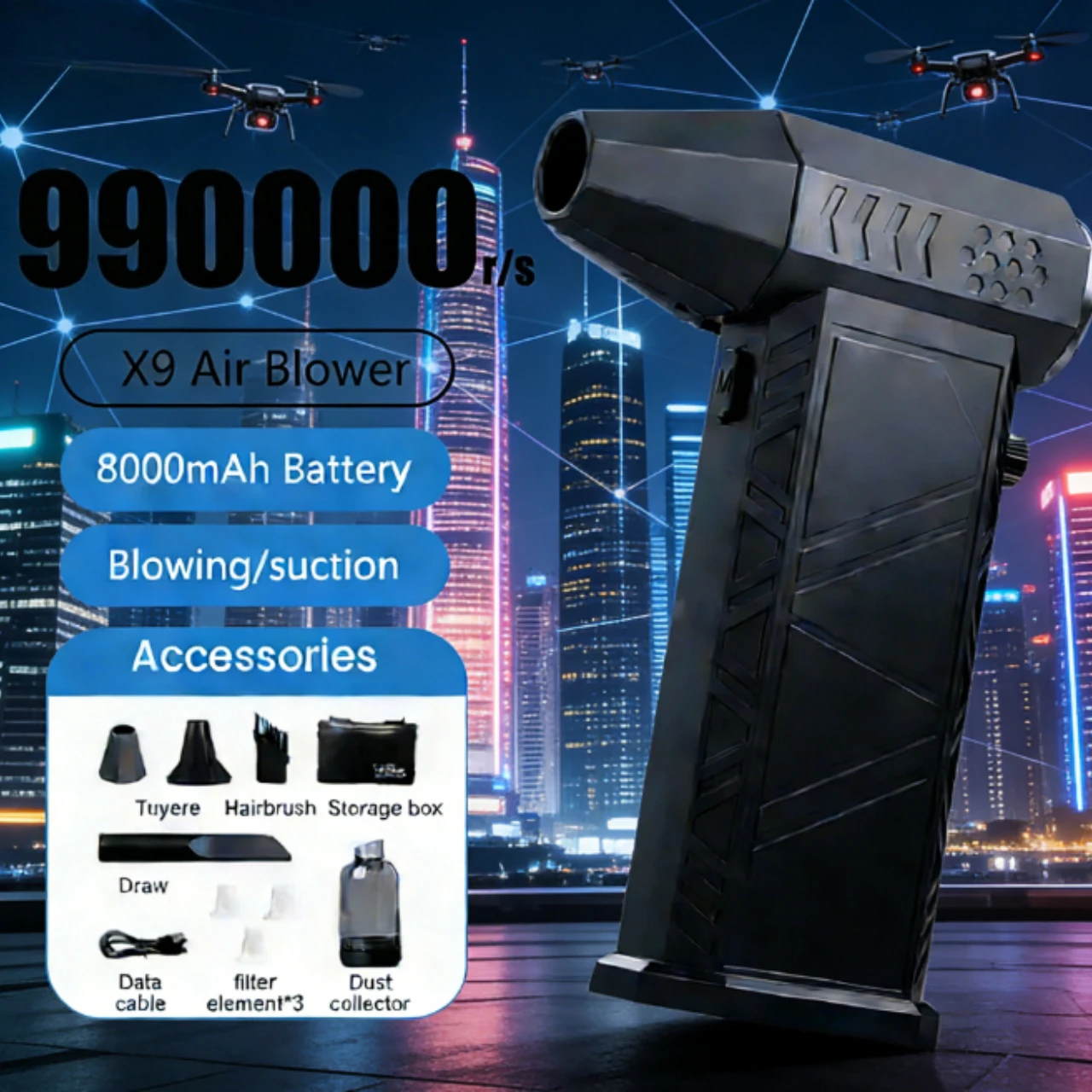 

X9Pro+ 58 м/с Мощный турбовентилятор с бесщеточным двигателем 990000 об/мин, компактный пылесос Type-C